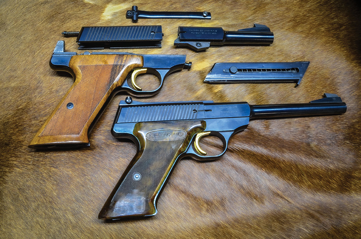 Browning Challenger bits and pieces. Barrels are quickly interchangeable with just an appropriate screwdriver. The rib and rear sight need not be detached, so barrel and sight combinations can be left set up permanently.